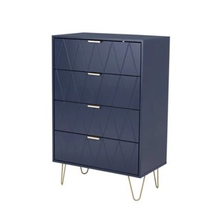 A navy blue set of drawers with gold legs and handles