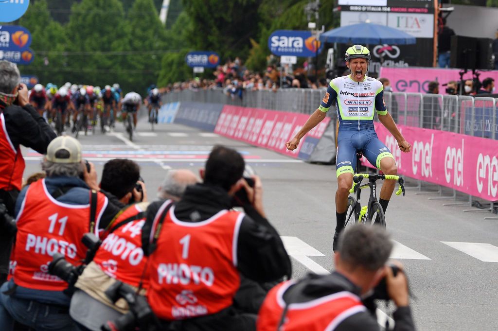 CANALE ITALY MAY 10 Taco Van Der Hoorn of Netherlands and Team Intermarch Wanty Gobert Matriaux celebrates at arrival during the 104th Giro dItalia 2021 Stage 3 a 190km stage from Biella to Canale Press Media Landscape girodiitalia Giro on May 10 2021 in Canale Italy Photo by Tim de WaeleGetty Images