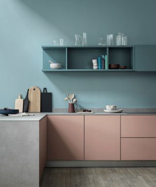 Pastel kitchen scheme with pink cabinets and blue wall and exposed shelving