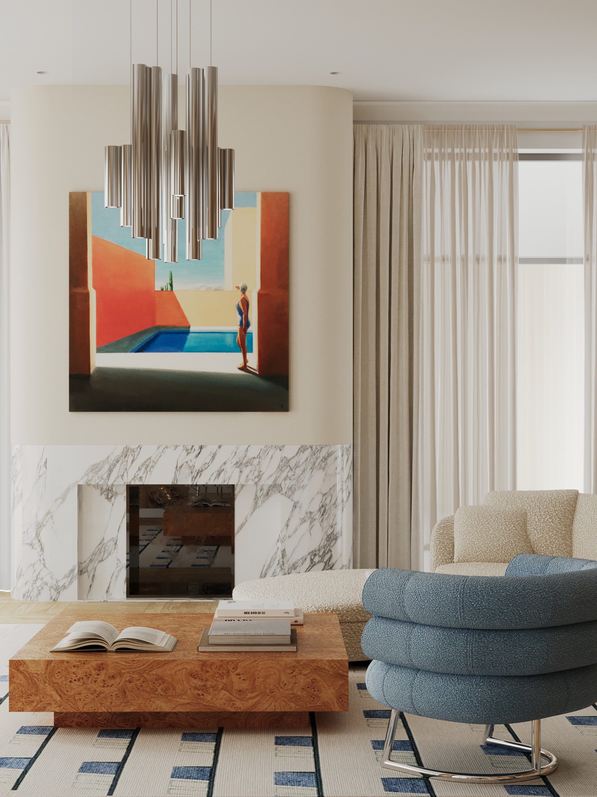 a modern neutral living room with a blue bibendum chair