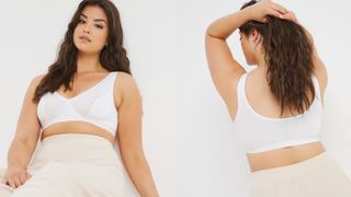 composite image on model, wearing a white sleep bra showing front and back