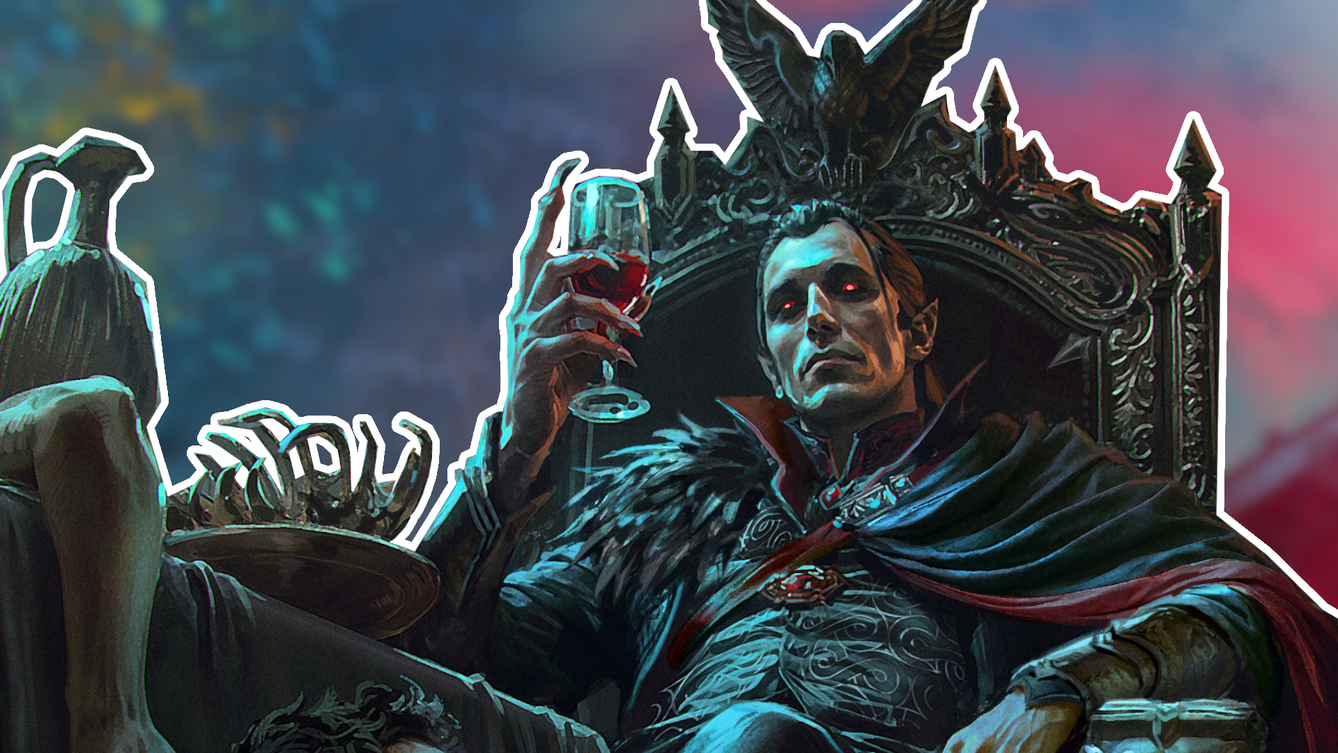 Count Strahd von Zarovich with glowing red eyes lounges in a throne while holding a glass of blood in his clawed hand, a feast of bones on a table in front of him