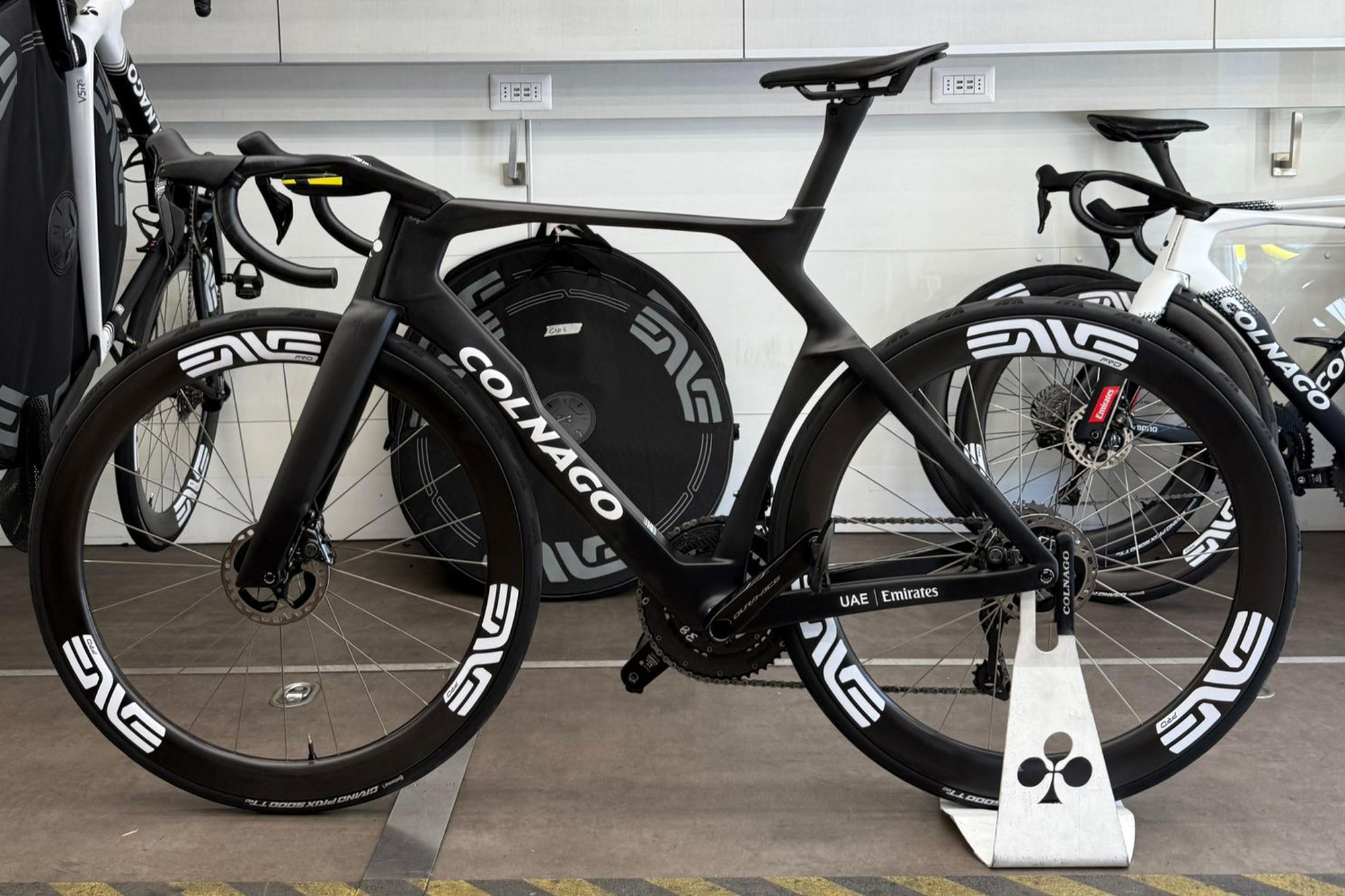 Stripped down Colnago Y1RS, parked in the team machanics' bus