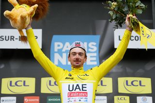 LA COLLESURLOUP FRANCE MARCH 08 Brandon Mcnulty of The United States and UAE Team Emirates celebrates at podium as Yellow leader jersey winner during the 82nd Paris Nice 2024 Stage 6 a 1982km stage from Sisteron to La CollesurLoup UCIWT on March 08 2024 in La CollesurLoup France Photo by Alex BroadwayGetty Images