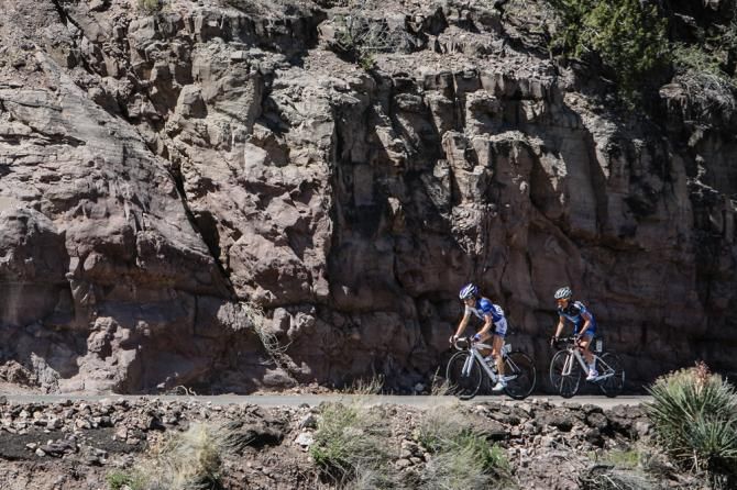 Mara Abbott (UnitedHealthcare) and Flavia Oliveira (FCS/Zngine) form a break on the final climb