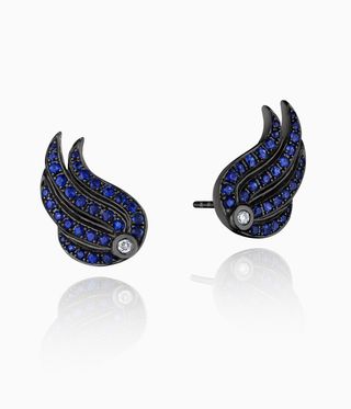 Sapphire earrings in blackened gold wing shapes