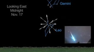 The location of the Leonid meteor shower in the predawn sky of Nov. 17, 2012, is shown in this still image from a NASA video.