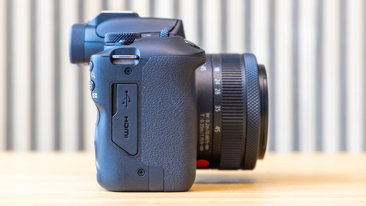 Canon EOS R100 camera on a table with a striped background