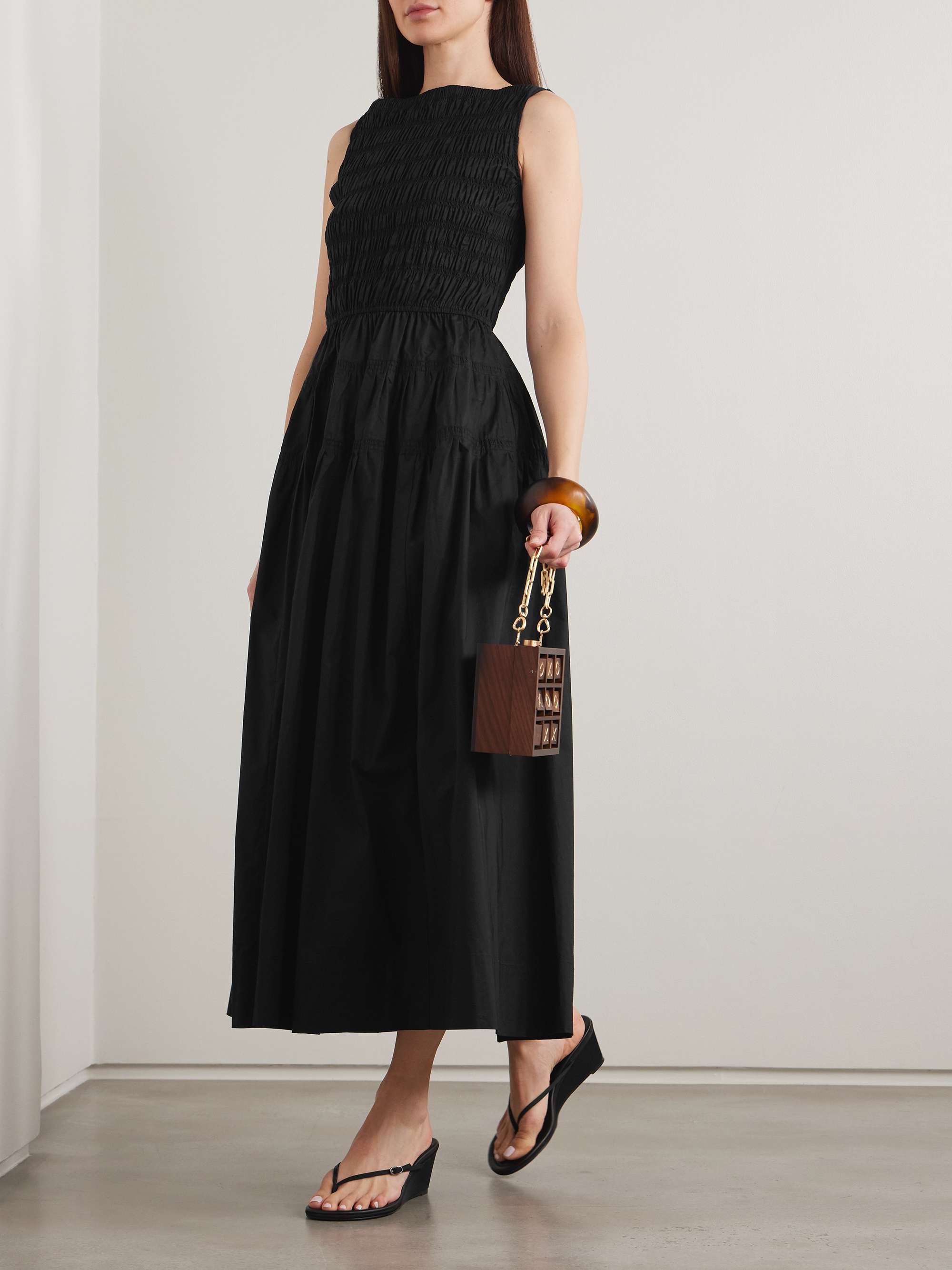 Melie Shirred Paneled Pleated Organic Cotton-Poplin Midi Dress