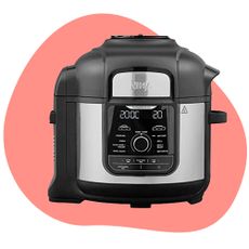 Image of one of the best Ninja appliances on pink graphic background 