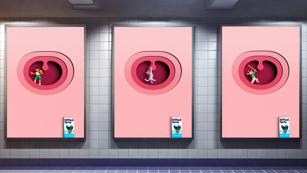 Difflam sore throat ads using a paper cut technique