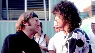 Stephen Stills greets Jimmy Page backstage at Live Aid in 1985