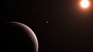 Artistic depiction of a distant planetary system with a rocky planet in the foreground, a smaller blue planet in the middle distance, and a bright star glowing in the background surrounded by numerous stars.