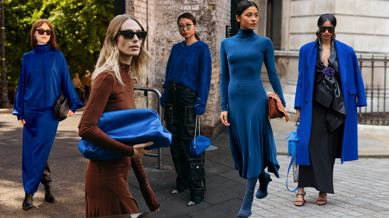 Photo collage of fashion week attendees wearing cobalt blue pieces 