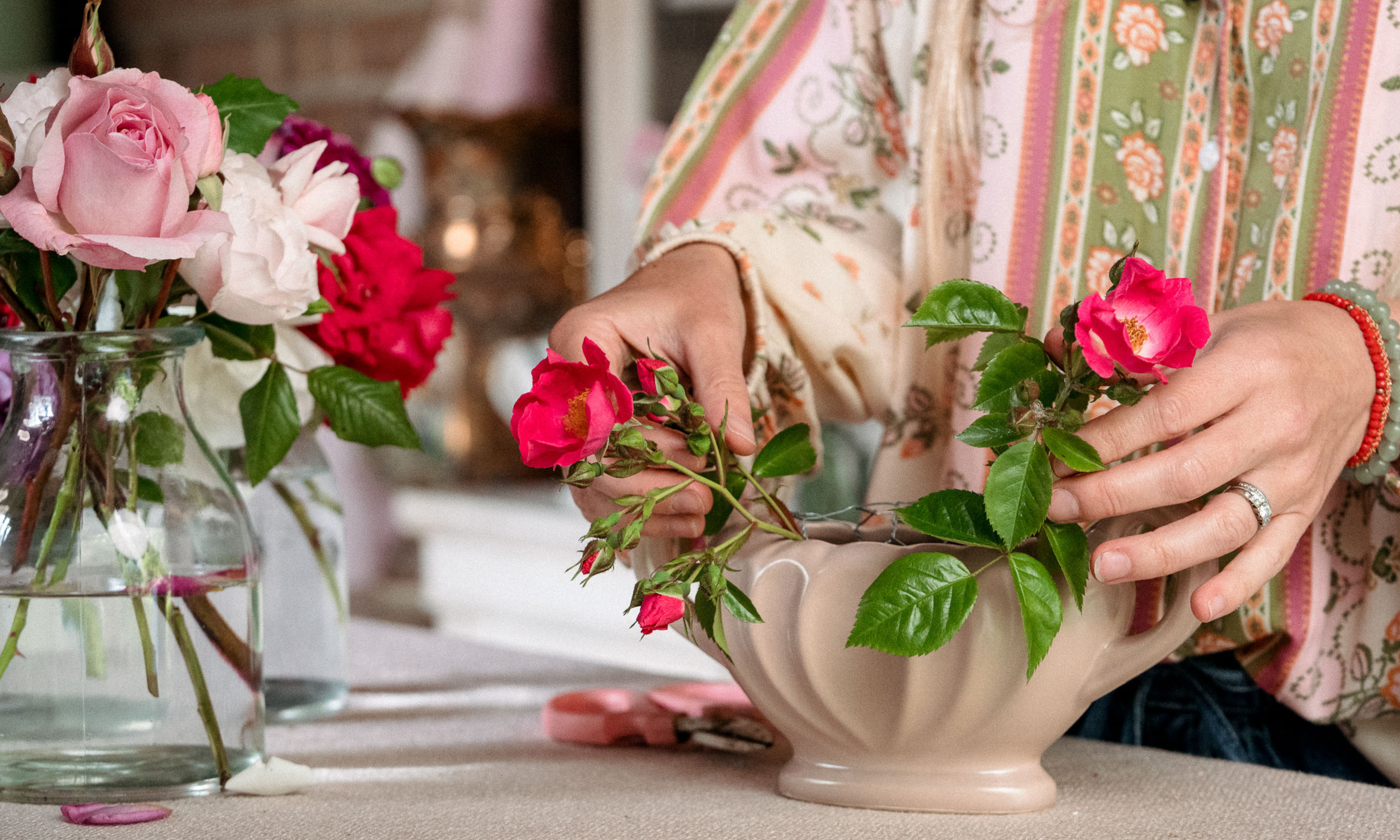 garden rose floral design in pink vintage vase
