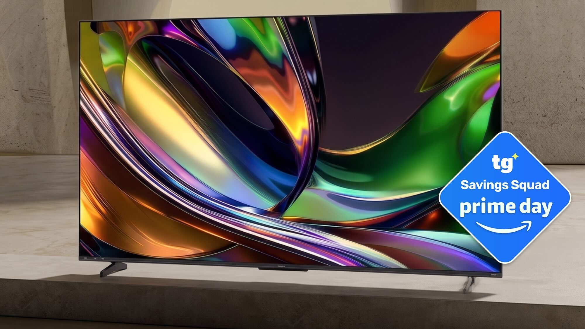 A Hisense-brand TV displaying colorful, abstract imagery in a large, empty space