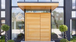 contemporary oversized front door with overhang