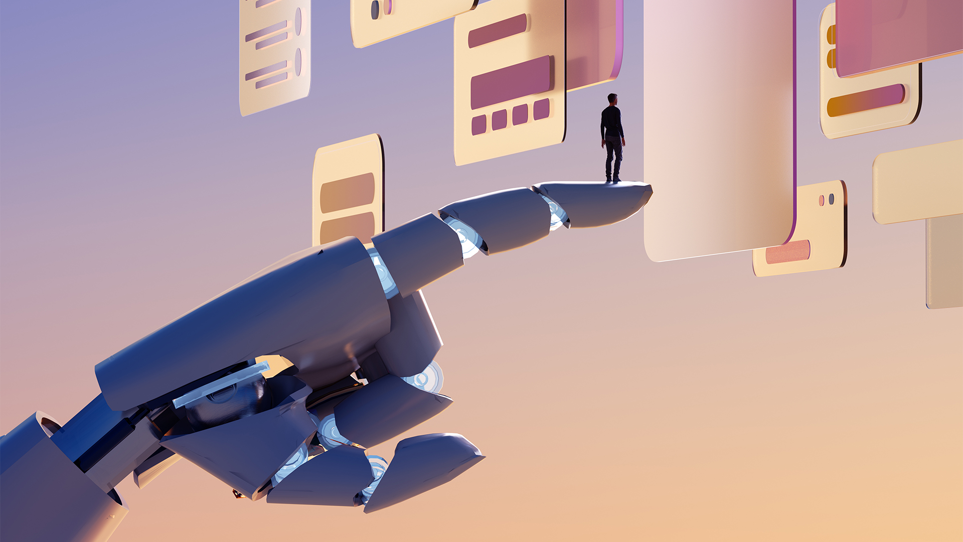 AI training concept image showing a robotic hand with human silhouette standing on finger tip while looking at digital interfaces.