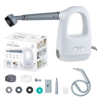 White small compact handheld steamer with gray head and multiple attachments 