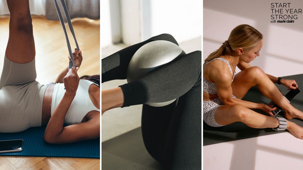 composite of three women using various pilates accessories 