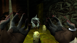 A screenshot of Gloomwood from first-person perspective, in which the doctor holds up his clawed hands in front of his face as he transforms into a beast, while a Crowman crouches on the ground in front of him.