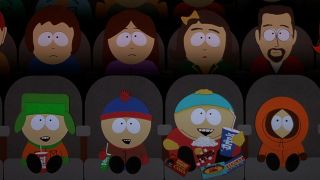 Kyle, Stan, Cartman, and Kenny sit laughing while enjoying snacks at the movies in South Park: Bigger Longer and Uncut.