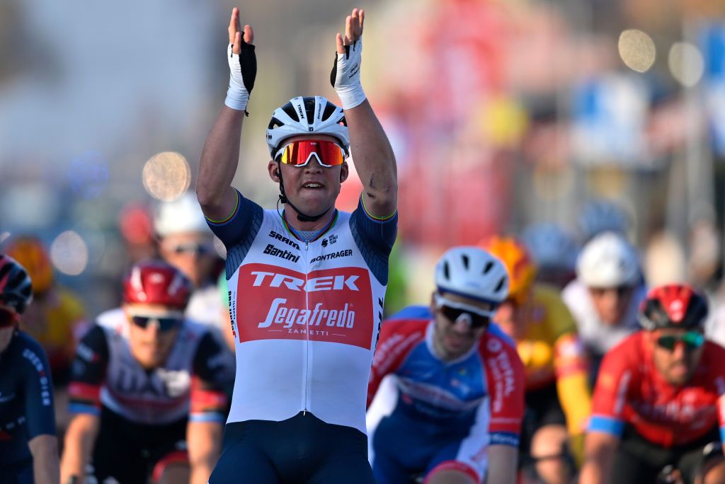 Danish Mads Pedersen of TrekSegafredo celebrates as he wins the KuurneBrusselsKuurne one day cycling race 197 km from Kuurne to Kuurne via Brussels Sunday 28 February 2021 BELGA PHOTO ERIC LALMAND Photo by ERIC LALMANDBELGA MAGAFP via Getty Images