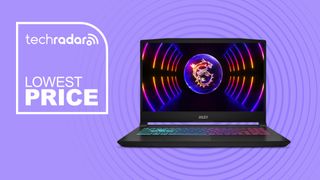 MSI Katana 15 gaming laptop on purple background with lowest price text overlay