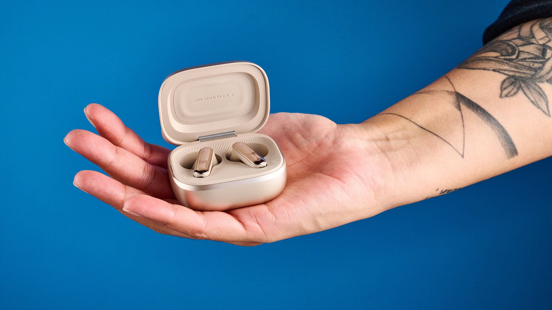 JBL Live Flex 4 earbuds in sand