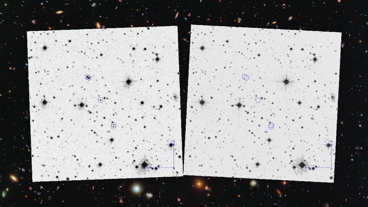 One night in 1952, five transient objects (blue circles) appeared and disappeared within an hour, archival sky surveys show. Scientists are digging into the decades-old mystery.