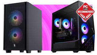 Acer Nitro 60 and iBuyPower Slate gaming PCs on a pink background