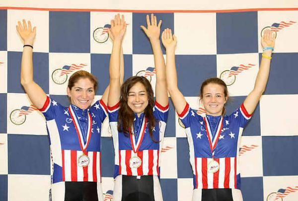 The winners of the women's team pursuit, Cari Higgins, Hanan Alves Hyde and Ruth Winder