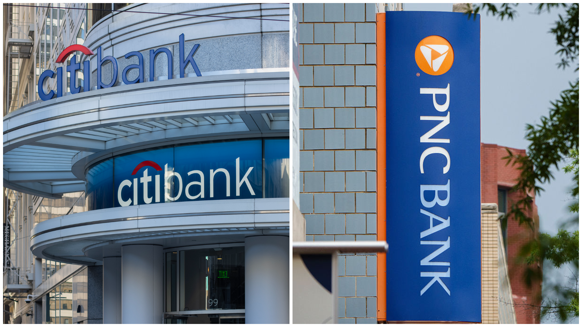 A side-by-side of signage on buildings for Citibank and PNC Bank. 
