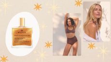 An image of the Nuxe Huile Prodigieuse Or Oil alongside images of models wearing it