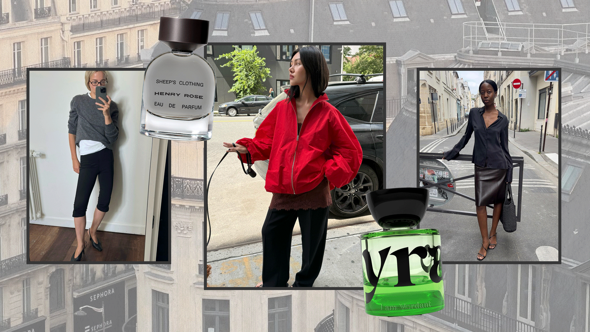 A collage of women wearing transitional weather outfits with different perfume overlays.
