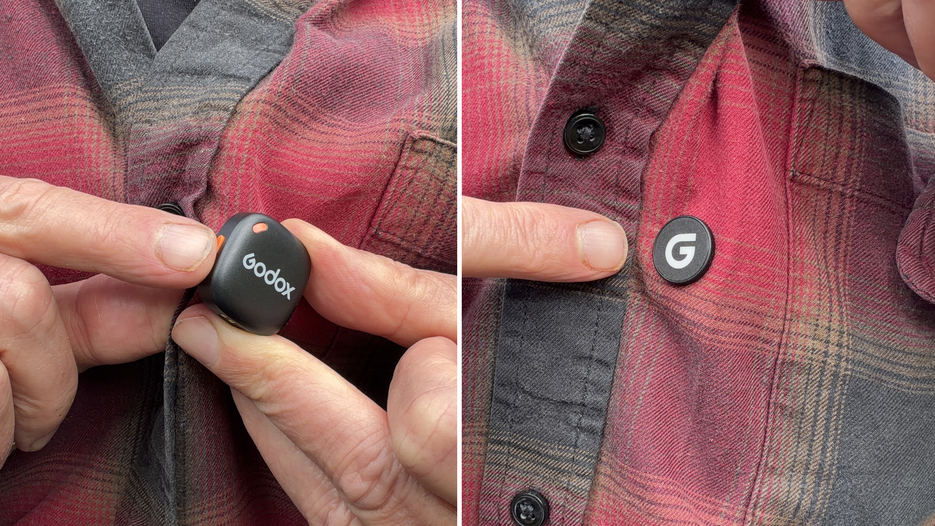Side by side shots. One shows the transmitter attached to a shirt via its magnet. The other shows the magnet on the outside of the shirt (with the transmitter hidden inside the shirt). The magnet is braced with a &amp;lsquo;G&amp;rsquo;.