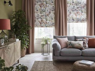 Country living room ideas, including floral blinds and curtains