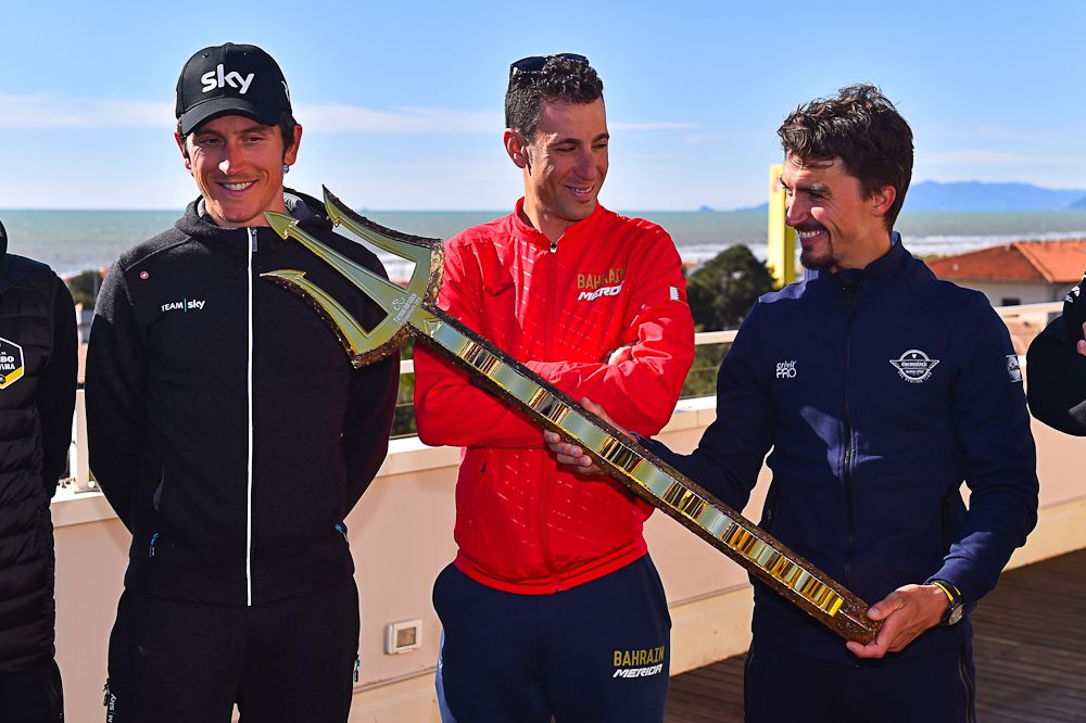 Julian Alaphilippe pokes fun at Geraint Thomas with the Tirreno-Adriatico trident