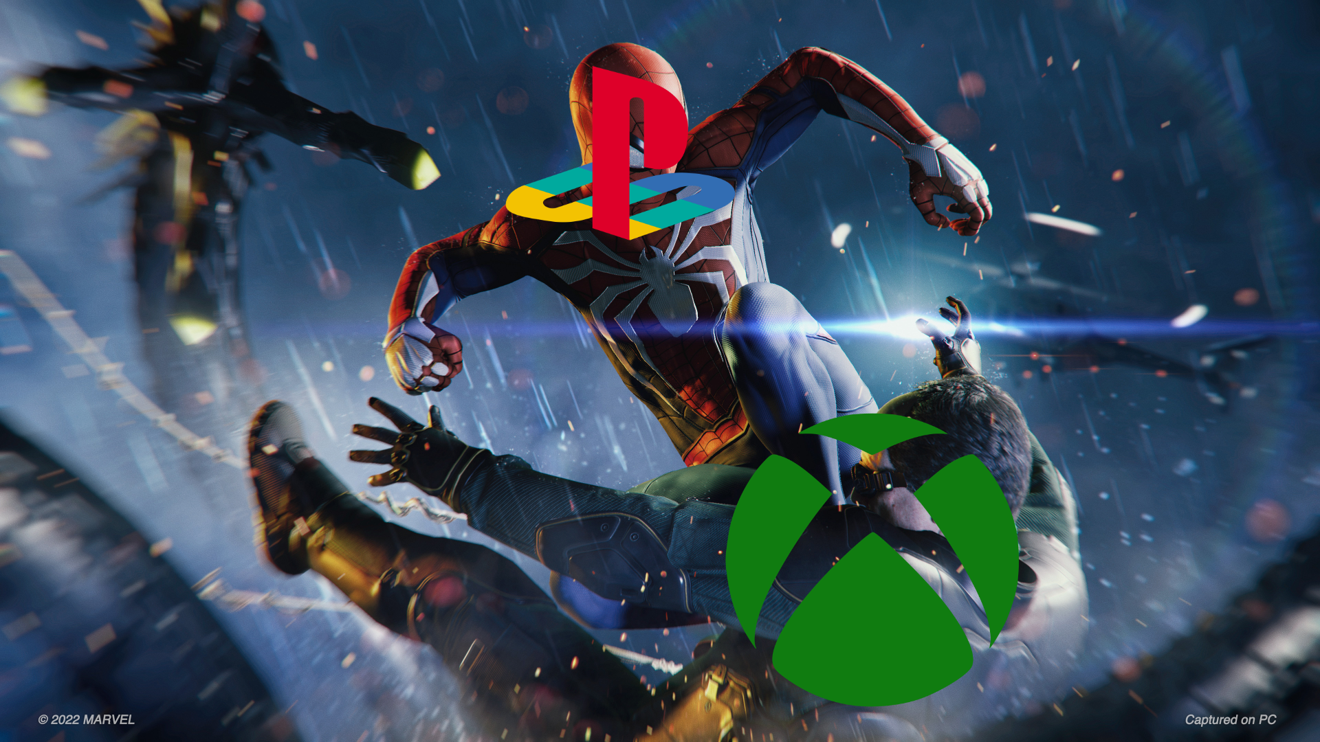 Spider-Man fighting Doctor Octopus with Xbox and PS logos
