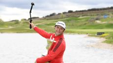 Jon Rahm of Spain takes a photo on a selfie stick holding the trophy after winning the Open de Espana during Day Four of the Open de Espana at Centro Nacional de Golf on April 15, 2018 in Madrid, Spain.