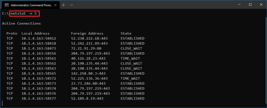 Windows 10 netstat with interval command