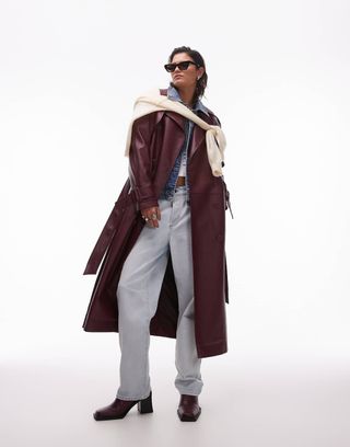 Topshop Textured Faux Leather Trench Coat in Burgundy