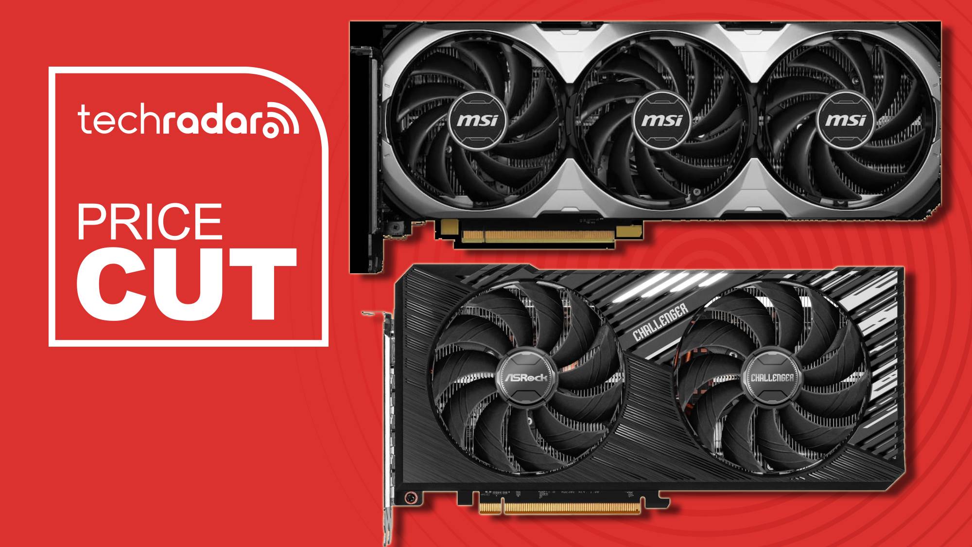 two graphics cards against a red background
