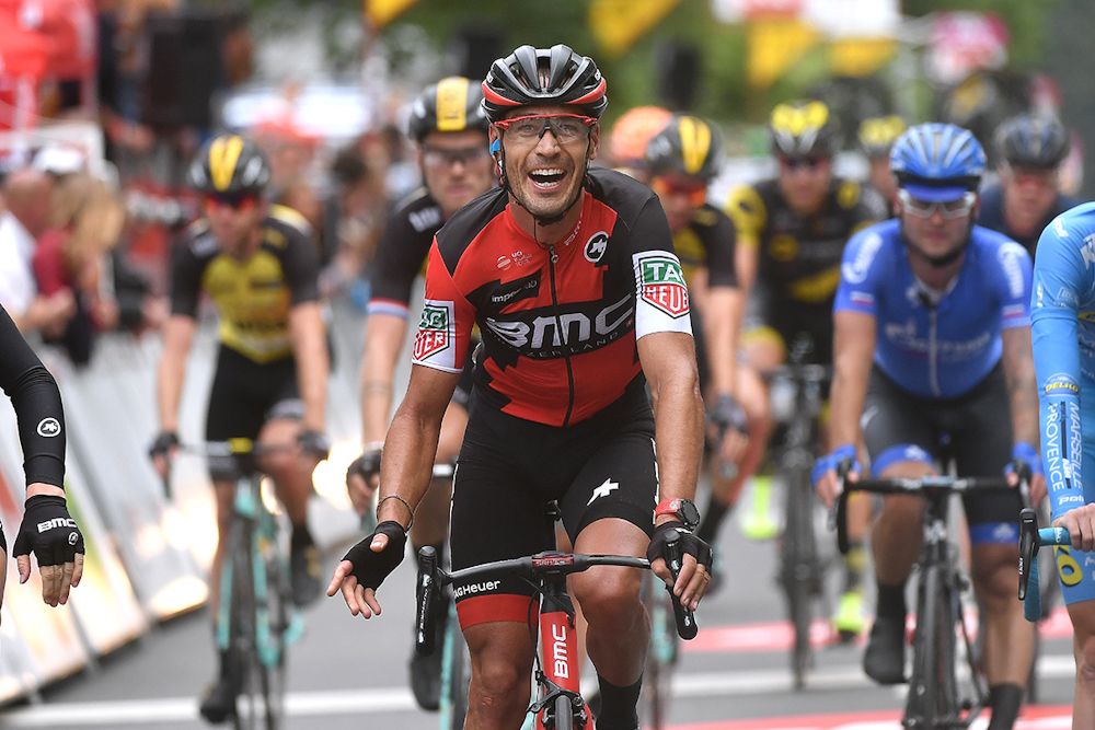 Manuel Quinziato celebrates the win of BMC teammate Jempy Drucker on stage 4 of the Tour de Wallonie