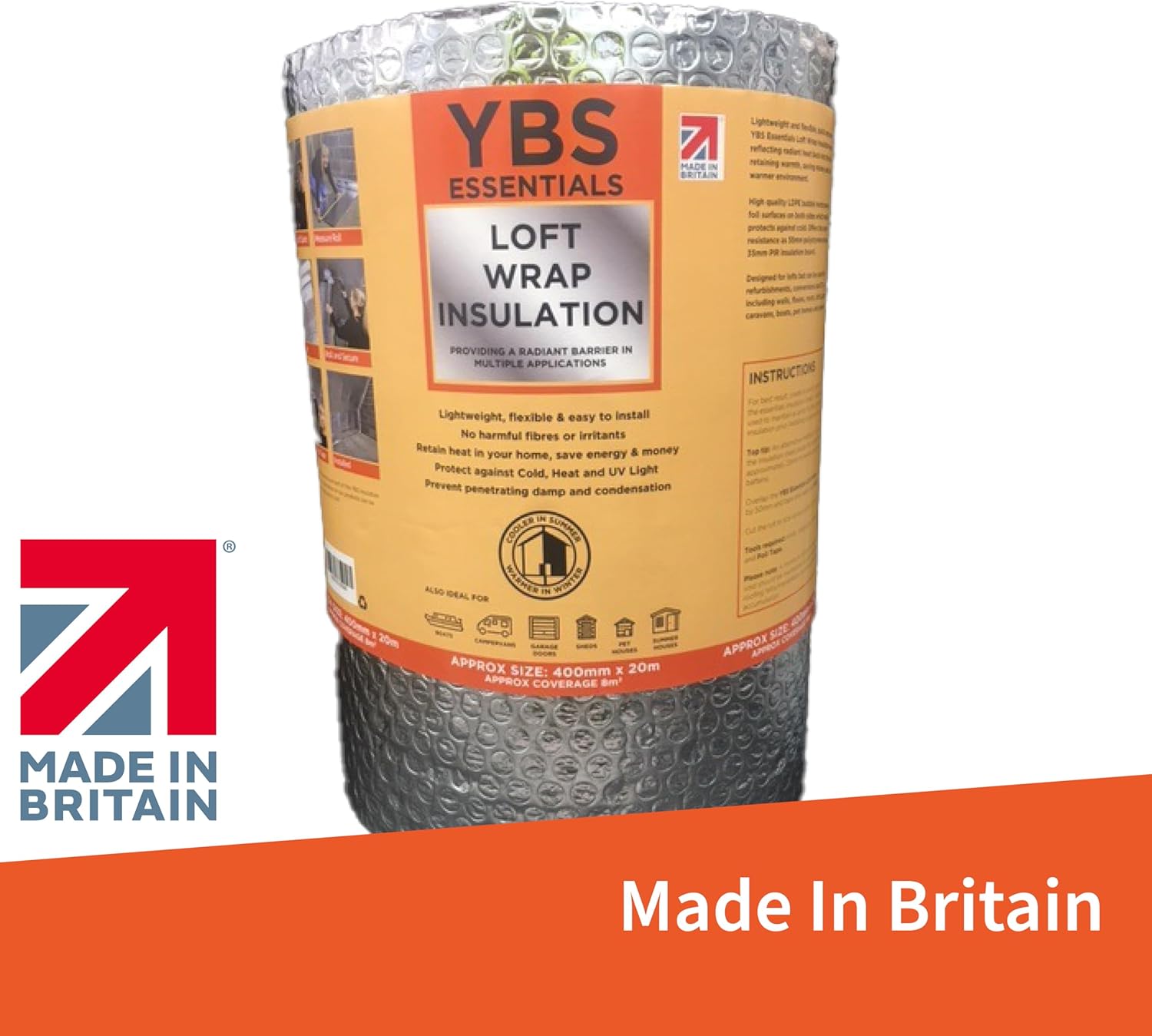 Ybs Essentials Loft Wrap Bubble Foil Insulation Roll | 400mm X 20m, 3.5mm Thickness | Diy 3-In-1 Thermal Reflective Insulation