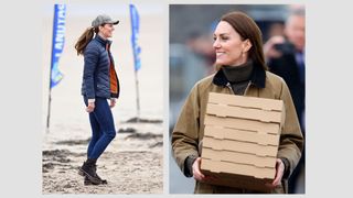 Kate Middleton on the beach wearing a blue jacket and Kate Middleton holding a wooden crate, wearing a beige coat