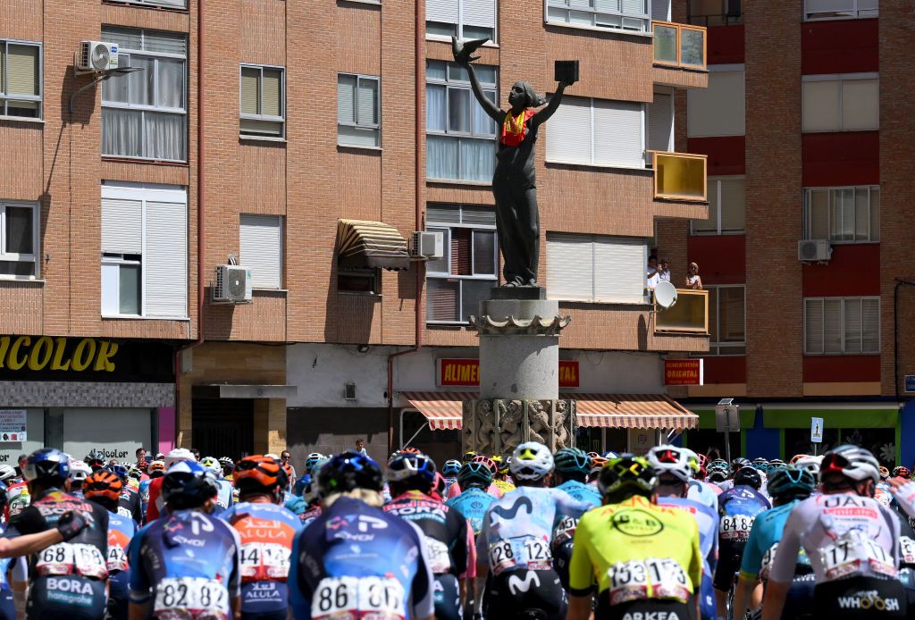 UBEDA SPAIN AUGUST 24 A general view of the peloton prior to the La Vuelta 79th Tour of Spain 2024 Stage 8 a159km stage from Ubeda to Cazorla 1056m UCIWT on August 24 2024 in Ubeda Spain Photo by Tim de WaeleGetty Images