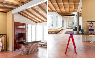 Left, a brick based wood topped island on a red floor next to a burgundy cupboard with wooden chairs next to it. Right, a glass topped table with red legs on a red floor in front of a clothing rail, wooden stepped shelving and wooden chairs against the wall.