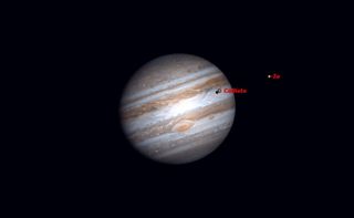 Nearly two hours later at 9:55 p.m., Ganymede’s shadow has left, and Io’s shadow is about to be eclipsed by the moon Callisto. The Great Red Spot is well placed close to Jupiter’s central meridian.