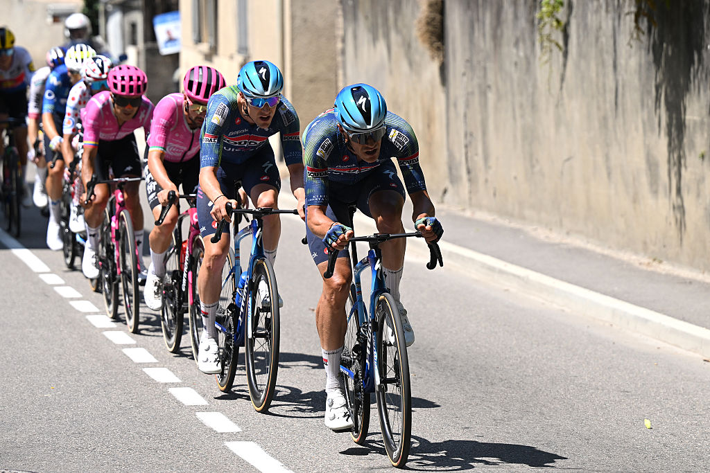 ORCIERES, FRANCE - JULY 23: Louis Vervaecke of Belgium and Jasper Stuyven of Belgium and Team Soudal Quick-Step compete during the 113th Tour de France 2026, Stage 18 a 185.2km stage from Voiron to Orcieres-Merlette 1825m / #UCIWT / on July 23, 2026 in Orcieres, France. (Photo by Dario Belingheri/Getty Images)